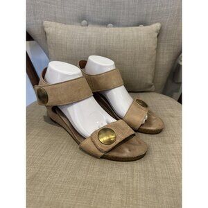 Taos Wedge Sandals Womens Size 10 US 41 EU Taupe Leather Brass Button Cork